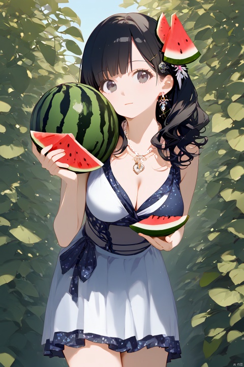 1girl, solo, breasts, looking at viewer, skirt, black hair, hair ornament, holding, jewelry, swimsuit, bikini, earrings, food, necklace, fruit, holding food, watermelon
