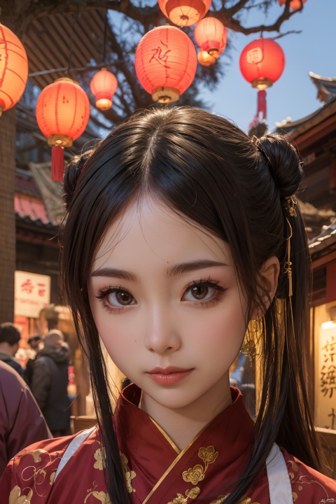  Chinese New Year, lanterns, temples,  festive,trees, daytime,Hanfu,Detailed face,