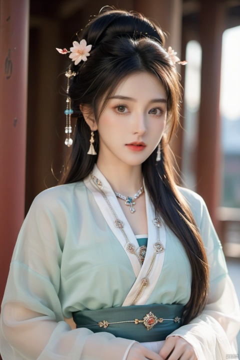 (photorealistic, best quality, ultra high res, extremely detailed eyes and face:1.3),(1girl, solo:1.3),skirt,jewelry,long_hair,necklace,earrings,perfect body,standing,looking at viewer,chinese clothes,hanfu,Updo hair, elaborate headdress,half body.