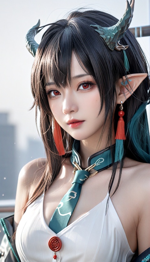 1girl, dusk (arknights), solo, horns, pointy ears, black hair, breasts, earrings, looking at viewer, jewelry, upper body, long hair, large breasts, bare shoulders, dragon horns, necktie, white dress, dress, red eyes, multicolored hair, closed mouth, tassel, red necktie, off shoulder, streaked hair, bangs, sleeveless, BREAK, best quality, amazing quality, very aesthetic, absurdres, Highly detailed, best quality, masterpiece, Highly detailed,