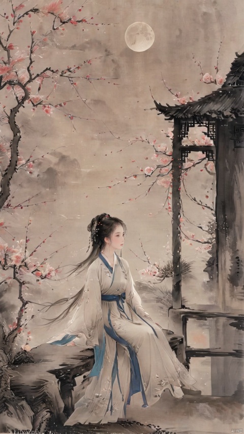  a chinese female ,handsome, sitting at steps of door, looking at moon in the sky, black eyes,wearing hanfu,gloom (expression) ,from below,detailed face,chinese ancient house background,petals and leaves on ground,cool tone,night, ethereal atmosphere, evocative hues, captivating coloration, dramatic lighting, enchanting aura, masterpiece, best quality, epic cinematic, soft nature lights, rim light, amazing, hyper detailed, ultra realistic, soft colors, photorealistic, Ray tracing, Cinematic Light, light source contrast,black and white ink painting , traditional chinese ink painting,willow branches,willow tree in background, ananmo