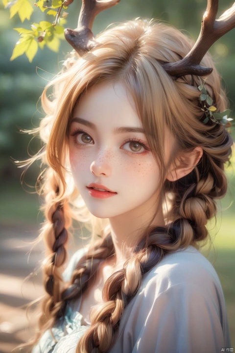  Vintage portrait, photography style, soft focus, pure face,Deer, girl, antlers, vine with leaves, Blonde hair, European and American advanced face, freckles, Detailed light and shadow, Wind, (Strong Sunshine),Two plaits, The forest,Front light source,
, 1 girl