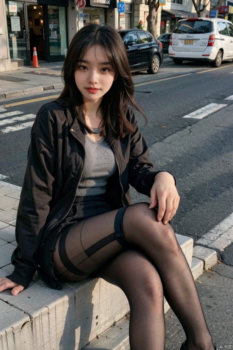  1girl, black pantyhose,street,sit,looking_at_viewer,crossed_legs_(sitting)