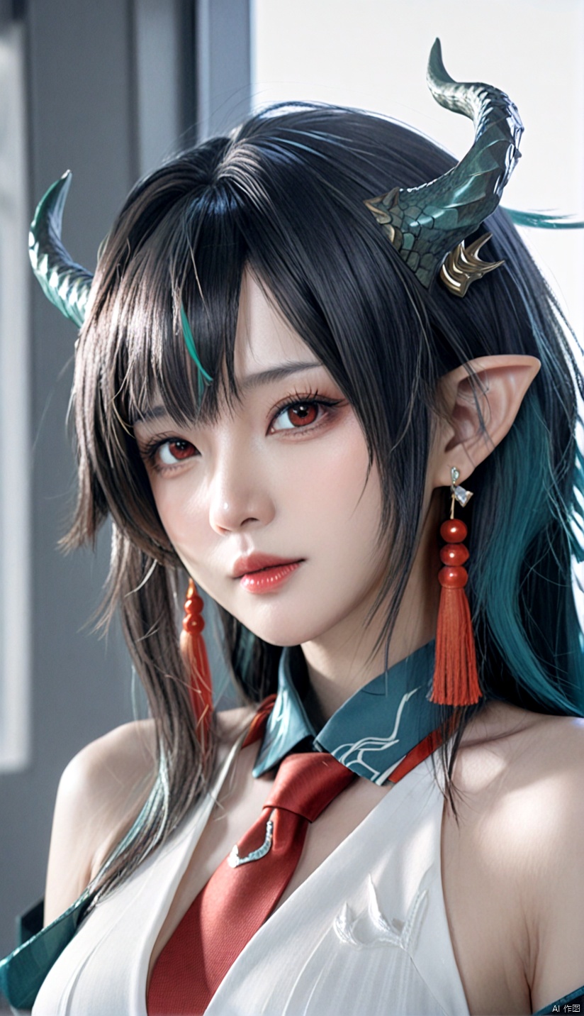  1girl, dusk (arknights), solo, horns, pointy ears, black hair, breasts, earrings, looking at viewer, jewelry, upper body, long hair, large breasts, bare shoulders, dragon horns, necktie, white dress, dress, red eyes, multicolored hair, closed mouth, tassel, red necktie, off shoulder, streaked hair, bangs, sleeveless, BREAK, best quality, amazing quality, very aesthetic, absurdres, Highly detailed, best quality, masterpiece, Highly detailed,