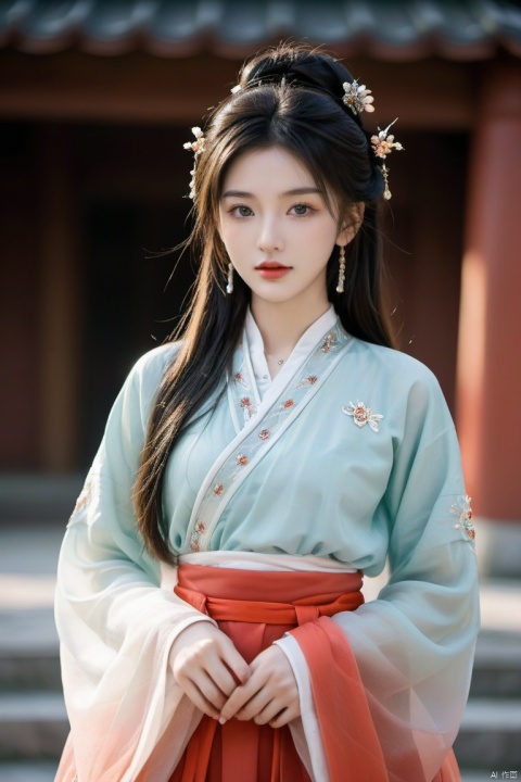 (photorealistic, best quality, ultra high res, extremely detailed eyes and face:1.3),(1girl, solo:1.3),skirt,jewelry,long_hair,necklace,earrings,perfect body,standing,looking at viewer,chinese clothes,hanfu,Updo hair, elaborate headdress,half body.