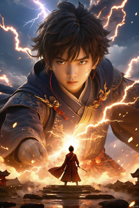  (Masterpiece), (best qualtiy), Cinematic quality,rendering by octane,Ultra-detailed details,ultra-wide-angle,An ancient Chinese boy,Face of a young man,raiden,salama,spatter,erupting,blasts,Particle, Gaze towards the viewer, A cloak that covers the whole body, （full bodyesbian：1.5）,(Armed with a lightning knife:1.5), （Behind him was a thunderboltdragon：1.6）,BJ_Sacred_beast,閽熺