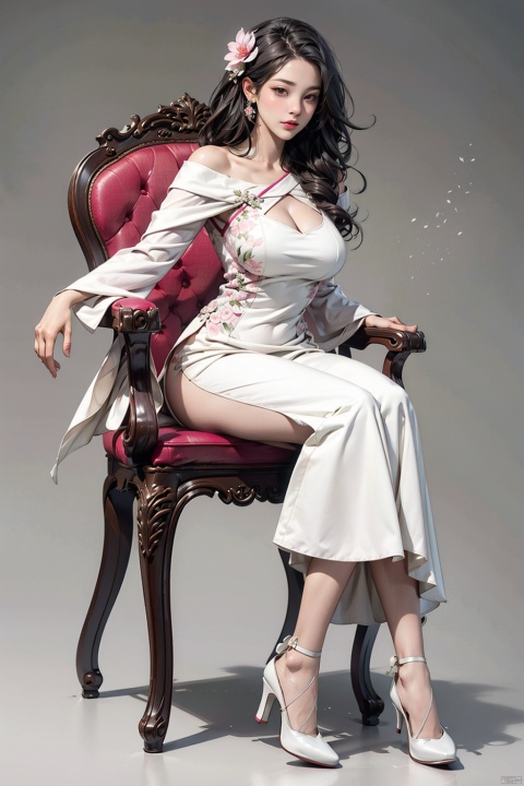 1girl, huge breasts, solo, long hair, breasts, looking at viewer, black hair, long sleeves, dress, holding, brown eyes, jewelry, sitting, full body, flower, grey background, white dress, high heels, lips, chair, short dress, white footwear,  pink flower, realistic, holding flower, octane render,中国龙,机甲,高达