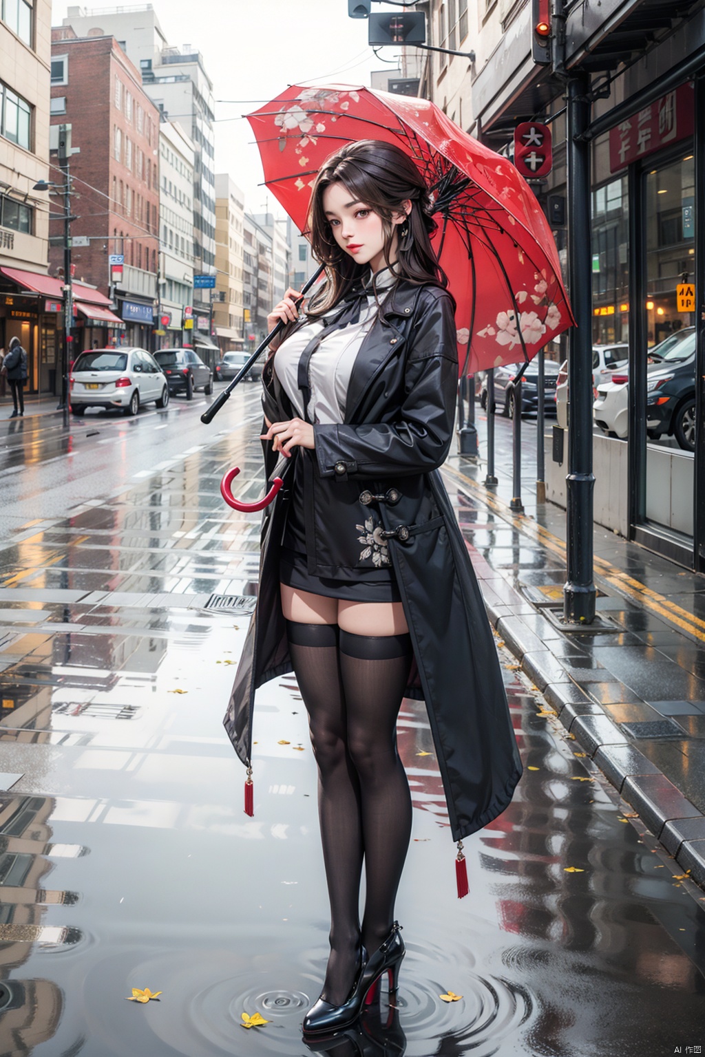 1girl,  huge breasts, solo, long hair, looking at viewer, brown hair, thighhighs, holding, standing, full body, outdoors, black thighhighs, high heels, zettai ryouiki, coat, umbrella, ground vehicle, motor vehicle, holding umbrella, car, road, transparent, street, transparent umbrella,中国龙,机甲,高达