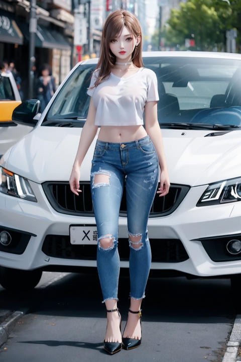 1girl, huge breasts,solo, long hair, breasts, looking at viewer, brown hair, shirt, navel, brown eyes, medium breasts, standing, collarbone, white shirt, short sleeves, parted lips, midriff, pants, blurry, lips, crop top, blurry background, denim, ground vehicle, jeans, realistic, blue pants, red lips, cropped shirt,full body,high heels,中国龙,机甲,高达, octane render
