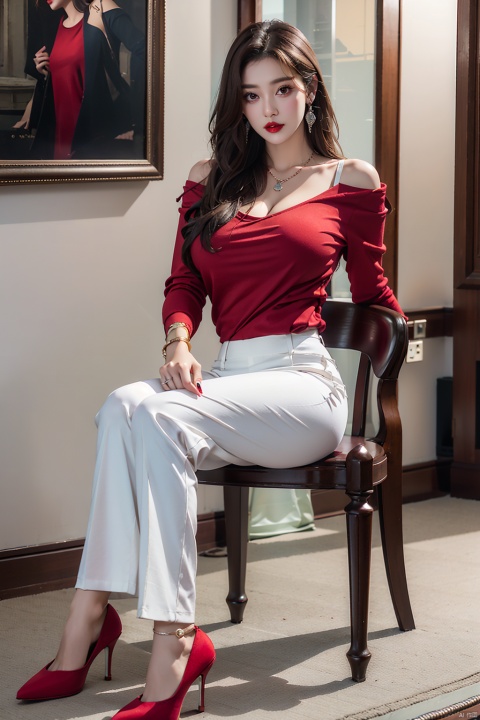 1girl, huge breasts, solo, long hair, skirt, brown hair, shirt, long sleeves, jewelry, sitting, full body, pants, indoors, high heels, bracelet, clothing cutout, chair, red shirt,  white pants, red lips, shoulder cutout, 