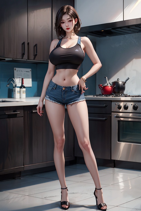 1girl,  huge breasts, solo, breasts, brown hair, black hair, navel, standing, shorts, midriff, crop top, short shorts,  tank top, denim, blue shorts, denim shorts, full body,high heels, realistic,kitchen,中国龙,机甲,高达