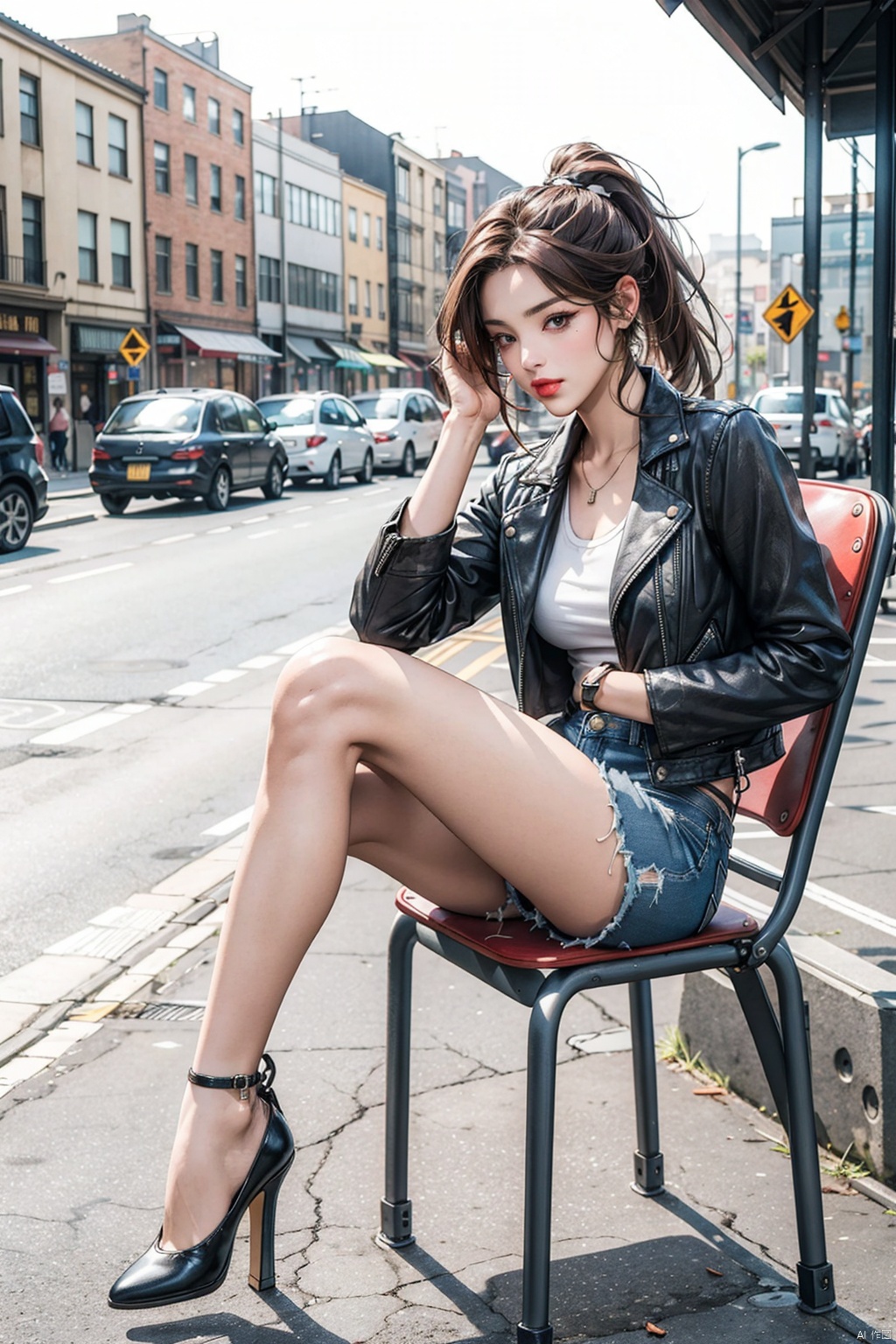1girl, solo, long hair, brown hair, long sleeves, holding, sitting,  jacket, full body,  ponytail, outdoors, shorts, day, black footwear, blurry, high heels, black jacket, legs, blurry background, chair, denim, denim shorts, realistic, red lips, leather, leather jacket, photo background, denim jacket,Side hollow high heels,