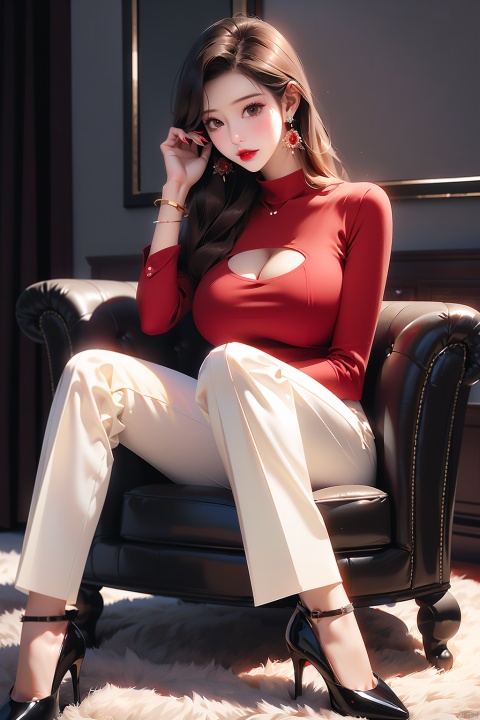 1girl, huge breasts, solo, long hair, skirt, brown hair, shirt, long sleeves, jewelry, sitting, full body, pants, indoors, high heels, bracelet, clothing cutout, chair, red shirt,  white pants, red lips, shoulder cutout, 