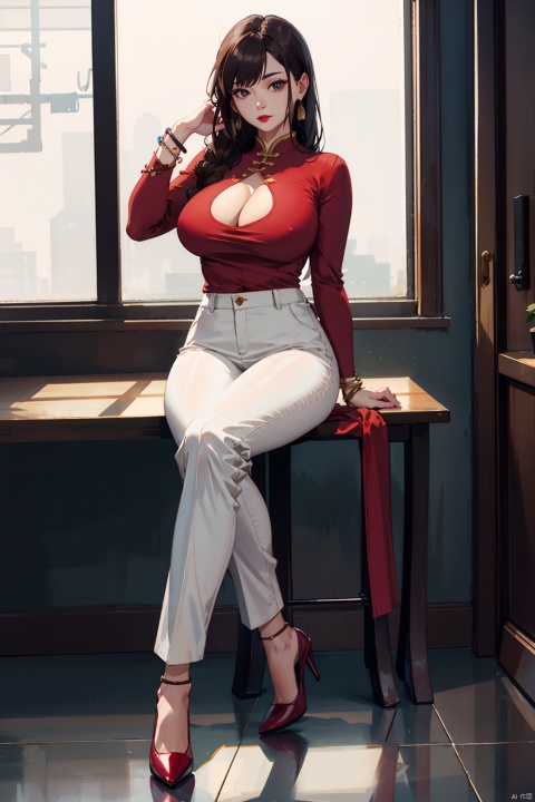 1girl, huge breasts, solo, long hair, skirt, brown hair, shirt, long sleeves, jewelry, sitting, full body, pants, indoors, high heels, bracelet, clothing cutout, chair, red shirt,  white pants, red lips, shoulder cutout, ,中国龙,机甲,高达, realistic