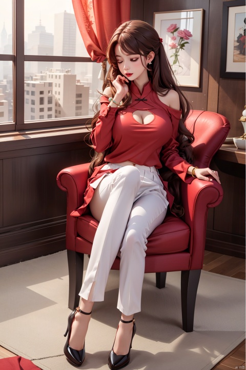 1girl, huge breasts, solo, long hair, skirt, brown hair, shirt, long sleeves, jewelry, sitting, full body, pants, indoors, high heels, bracelet, clothing cutout, chair, red shirt,  white pants, red lips, shoulder cutout, ,中国龙,机甲,高达, realistic