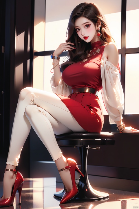 1girl, huge breasts, solo, long hair, skirt, brown hair, shirt, long sleeves, jewelry, sitting, full body, pants, indoors, high heels, bracelet, clothing cutout, chair, red shirt,  white pants, red lips, shoulder cutout, 