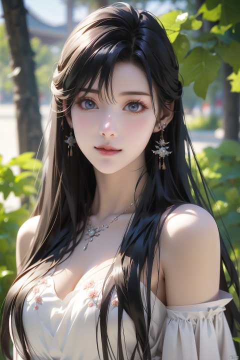 1girl,  huge breasts, solo, long hair, looking at viewer, smile, black hair, dress, jewelry, necklace, white dress, tree, realistic,中国龙,机甲,高达, octane render