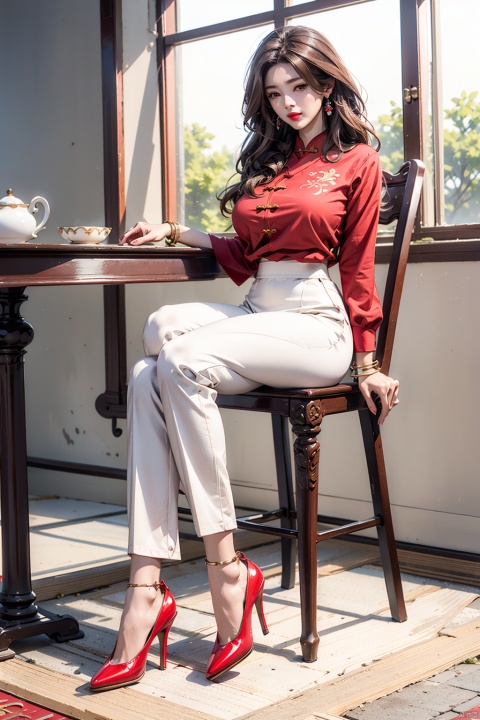 1girl, huge breasts, solo, long hair, skirt, brown hair, shirt, long sleeves, jewelry, sitting, full body, pants, indoors, high heels, bracelet, clothing cutout, chair, red shirt,  white pants, red lips, shoulder cutout, ,中国龙,机甲,高达