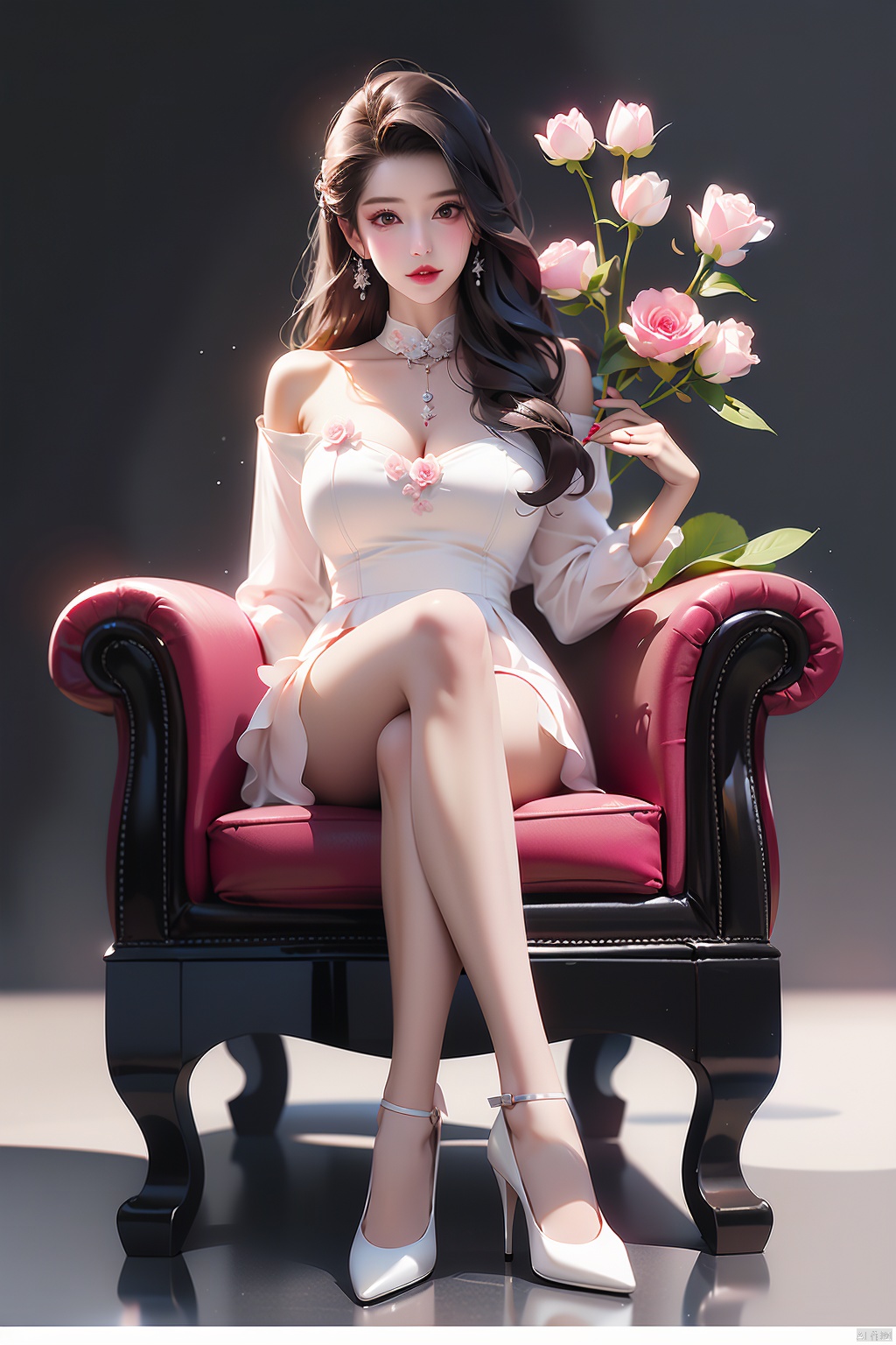 1girl, huge breasts, solo, long hair, breasts, looking at viewer, black hair, long sleeves, dress, holding, brown eyes, jewelry, sitting, full body, flower, grey background, white dress, high heels, lips, chair, short dress, white footwear,  pink flower, realistic, holding flower, octane render,中国龙,机甲,高达