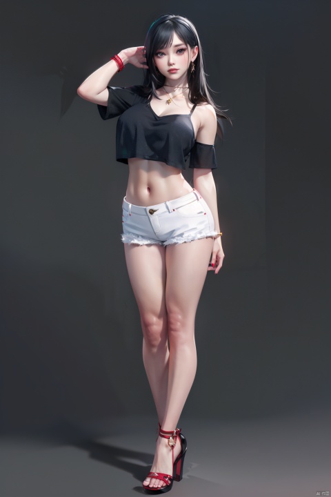 1girl, huge breasts,solo, long hair, breasts, skirt, black hair, jewelry, standing, full body, shorts, midriff, high heels, crop top, sandals, white shorts, realistic, octane render