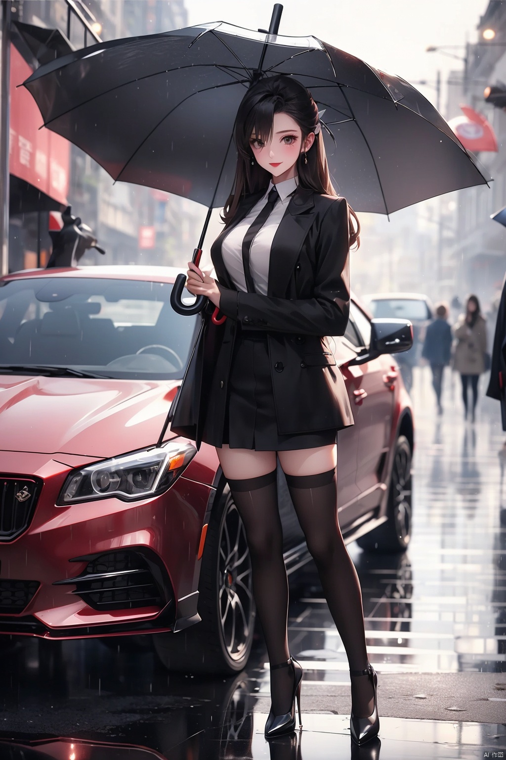 1girl,  huge breasts, solo, long hair, looking at viewer, brown hair, thighhighs, holding, standing, full body, outdoors, black thighhighs, high heels, zettai ryouiki, coat, umbrella, ground vehicle, motor vehicle, holding umbrella, car, road, transparent, street, transparent umbrella