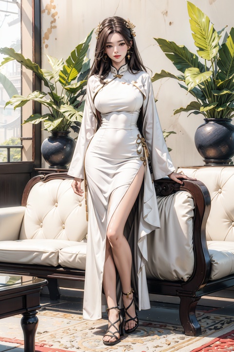 1girl, huge breasts,solo, long hair, looking at viewer, brown hair, black hair, long sleeves, dress, jewelry, standing, full body, earrings, indoors, white dress, sandals, plant, couch, realistic, potted plant,中国龙,机甲,高达