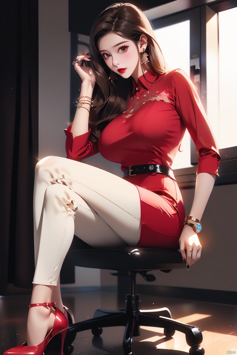 1girl, huge breasts, solo, long hair, skirt, brown hair, shirt, long sleeves, jewelry, sitting, full body, pants, indoors, high heels, bracelet, clothing cutout, chair, red shirt,  white pants, red lips, shoulder cutout, 