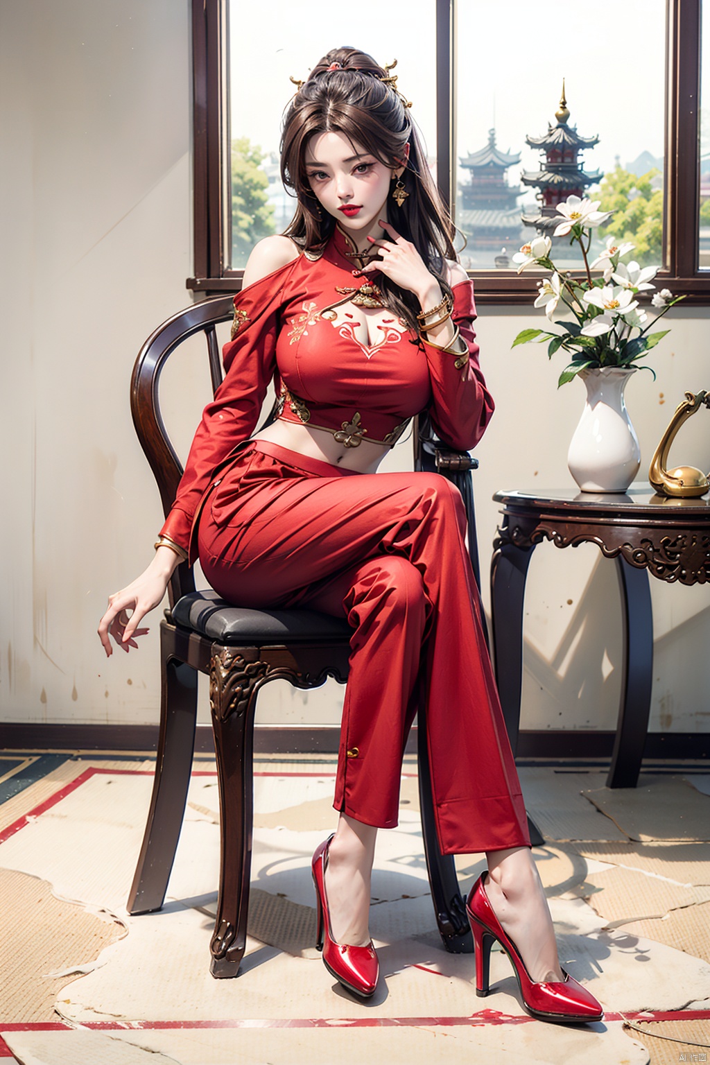1girl, huge breasts, solo, long hair, skirt, brown hair, shirt, long sleeves, jewelry, sitting, full body, pants, indoors, high heels, bracelet, clothing cutout, chair, red shirt,  white pants, red lips, shoulder cutout, ,中国龙,机甲,高达