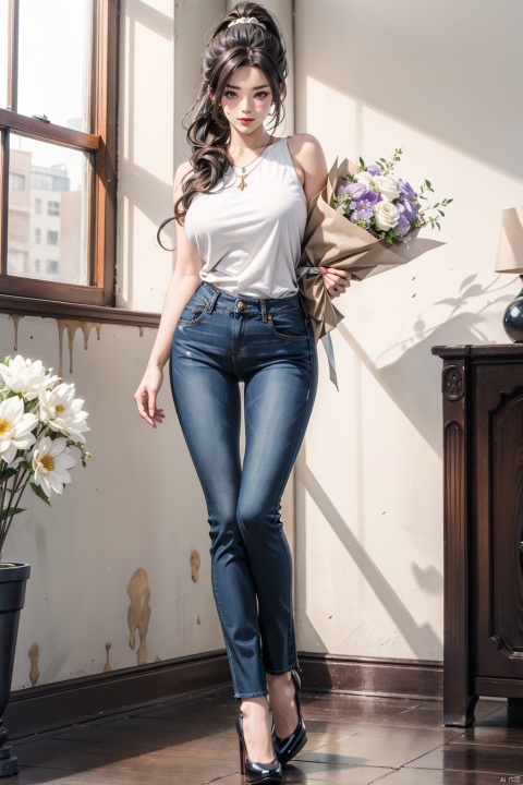 1girl, huge breasts,solo, long hair, looking at viewer, brown hair, black hair, standing, ponytail, flower, pants, indoors, denim, jeans, bouquet, realistic,full body,high heels