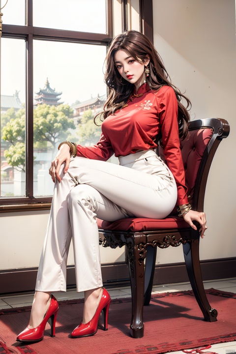 1girl, huge breasts, solo, long hair, skirt, brown hair, shirt, long sleeves, jewelry, sitting, full body, pants, indoors, high heels, bracelet, clothing cutout, chair, red shirt,  white pants, red lips, shoulder cutout, ,中国龙,机甲,高达