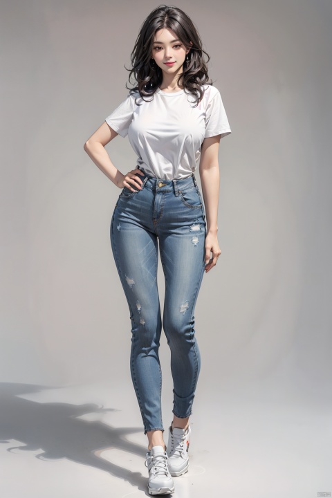  1girl, huge breasts,solo, long hair, breasts, looking at viewer, smile, shirt, black hair, brown eyes, standing, full body, white shirt, short sleeves, pants, grey background, high heels, lips, hand on hip, white footwear, denim, jeans,raised 