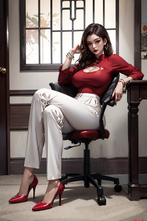 1girl, huge breasts, solo, long hair, skirt, brown hair, shirt, long sleeves, jewelry, sitting, full body, pants, indoors, high heels, bracelet, clothing cutout, chair, red shirt,  white pants, red lips, shoulder cutout, ,中国龙,机甲,高达, realistic