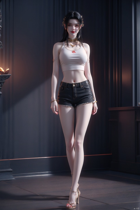  1girl, solo,large breasts, smile, black hair, shorts, midriff, own hands together, tank top, white shorts, realistic,full_body,high heels, octane render, 