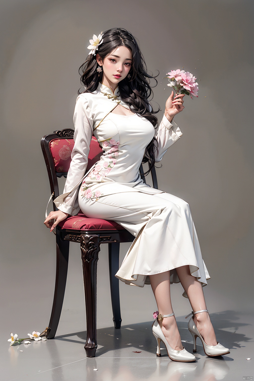 1girl, huge breasts, solo, long hair, breasts, looking at viewer, black hair, long sleeves, dress, holding, brown eyes, jewelry, sitting, full body, flower, grey background, white dress, high heels, lips, chair, short dress, white footwear,  pink flower, realistic, holding flower, octane render,中国龙,机甲,高达