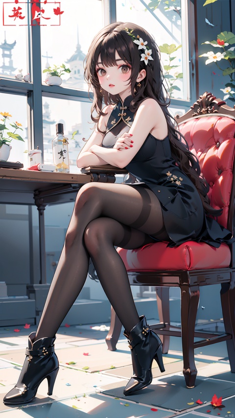 1girl, solo, long hair, looking at viewer, brown hair, black hair, dress, brown eyes, sitting, pantyhose, boots, shoes, black footwear, black dress, high heels, makeup, crossed arms, crossed legs, ,中国龙,机甲,高达