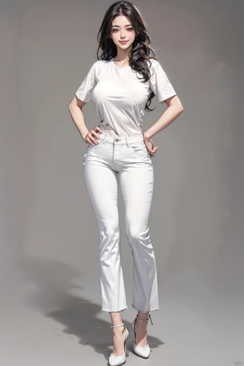  1girl, huge breasts,solo, long hair, breasts, looking at viewer, smile, shirt, black hair, brown eyes, standing, full body, white shirt, short sleeves, pants, grey background, high heels, lips, hand on hip, white footwear, denim, jeans,bulge under clothes, 