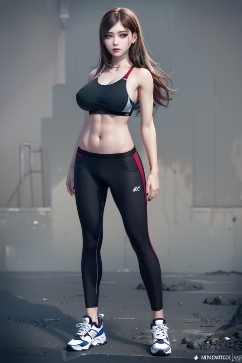 1girl, huge breasts,  solo, long hair, breasts, looking at viewer, brown hair, black hair, standing, full body, shoes, midriff, pants, nail polish, lips, sneakers, ball, sports bra, realistic, photo background, octane render