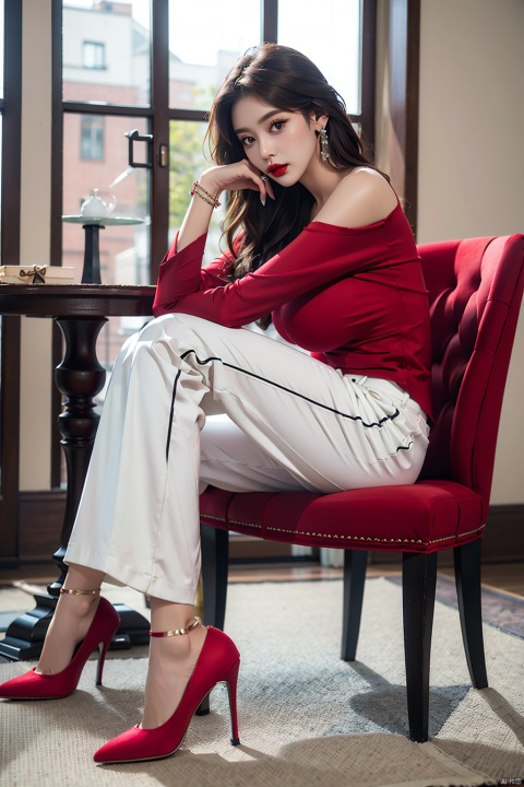 1girl, huge breasts, solo, long hair, skirt, brown hair, shirt, long sleeves, jewelry, sitting, full body, pants, indoors, high heels, bracelet, clothing cutout, chair, red shirt,  white pants, red lips, shoulder cutout, 