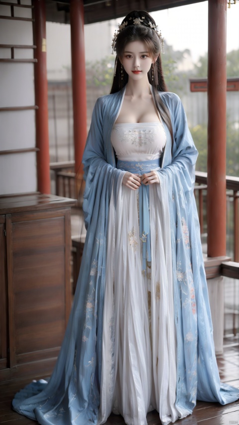  1girl, (huge breasts, long legs), long_hair, looking_at_viewer, smile, jewelry, standing, full_body, earrings, outdoors, blurry_background,hanfu,highheels,necklace,pantyhose,dress,鎯宠鐨勭汗鐞嗗浘妗�, HUBG_Rococo_Style(loanword),hanfu,中国龙,机甲,高达, chang,moyou