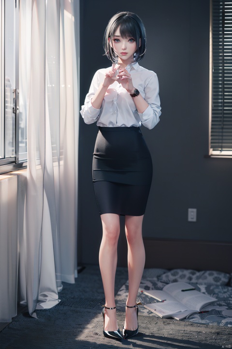 1girl, solo, looking at viewer, short hair, skirt, black hair, standing, full body, indoors, black footwear, high heels, window, chair, own hands together, pencil skirt, watch, realistic, wristwatch, office lady, blinds, office, octane render