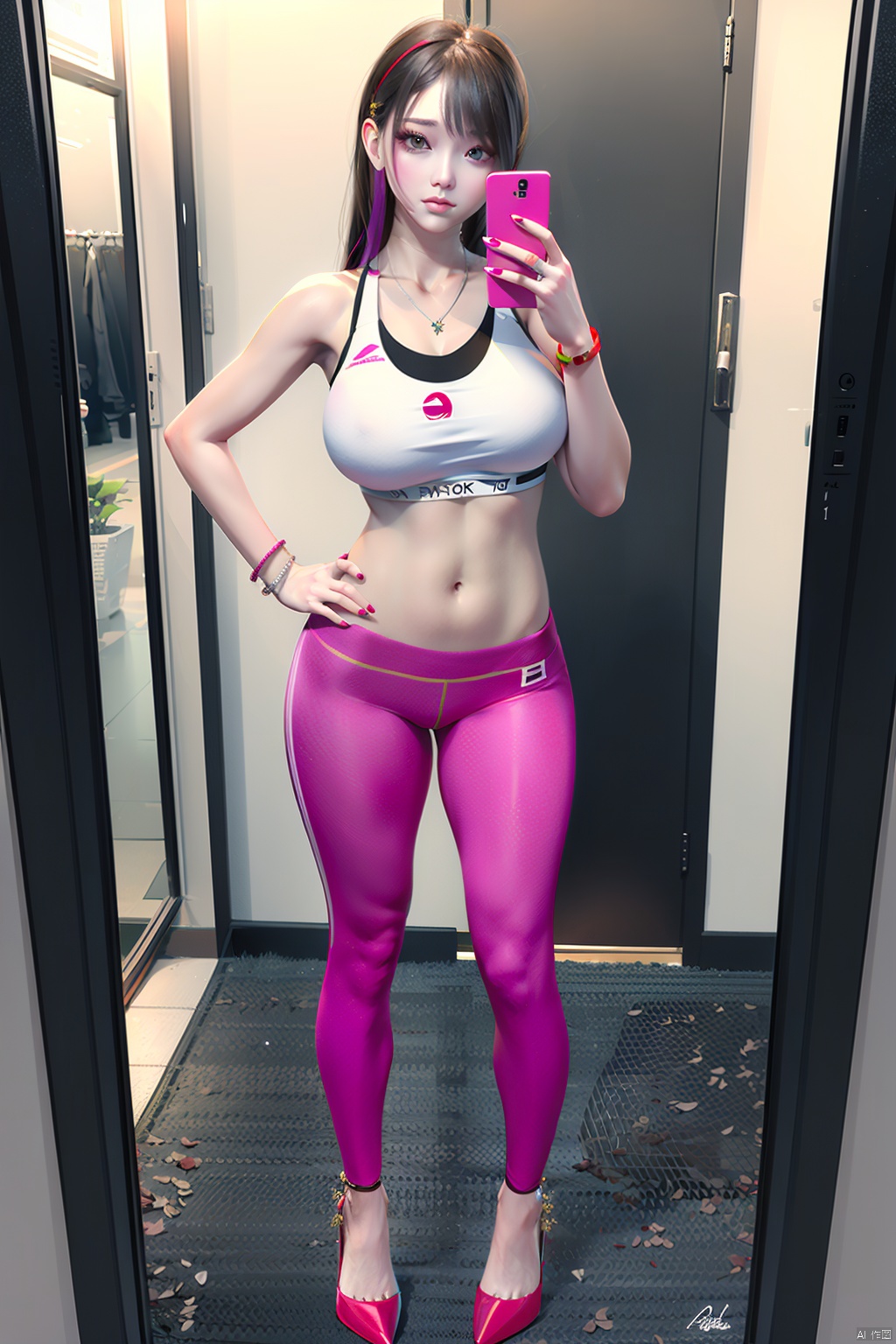 1girl,  huge breasts, solo, long hair, breasts, brown hair, black hair, navel, holding, jewelry, standing, multicolored hair, midriff, pants, indoors, necklace, nail polish, bracelet, fingernails, hand on hip, gradient hair, phone, cellphone, smartphone, pink nails, reflection, holding phone, sports bra, mirror, selfie, grey pants, yoga pants,full body,high heels,中国龙,机甲,高达, realistic