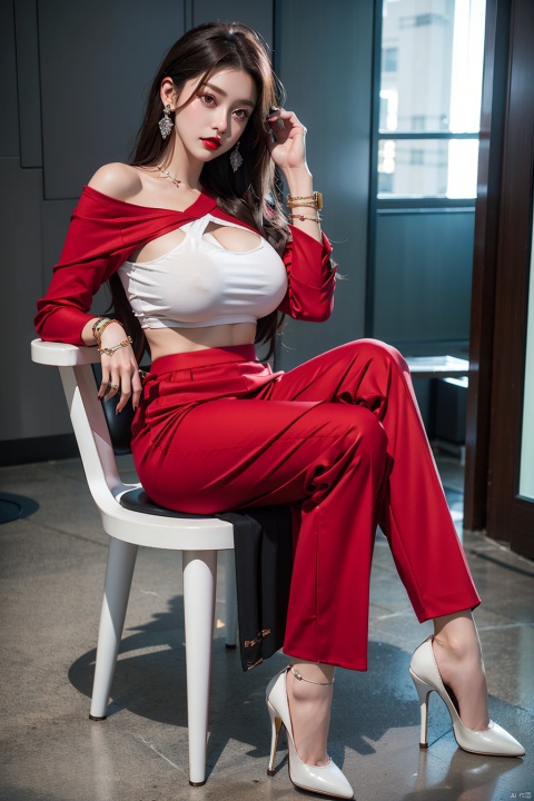 1girl, huge breasts, solo, long hair, skirt, brown hair, shirt, long sleeves, jewelry, sitting, full body, pants, indoors, high heels, bracelet, clothing cutout, chair, red shirt,  white pants, red lips, shoulder cutout, 