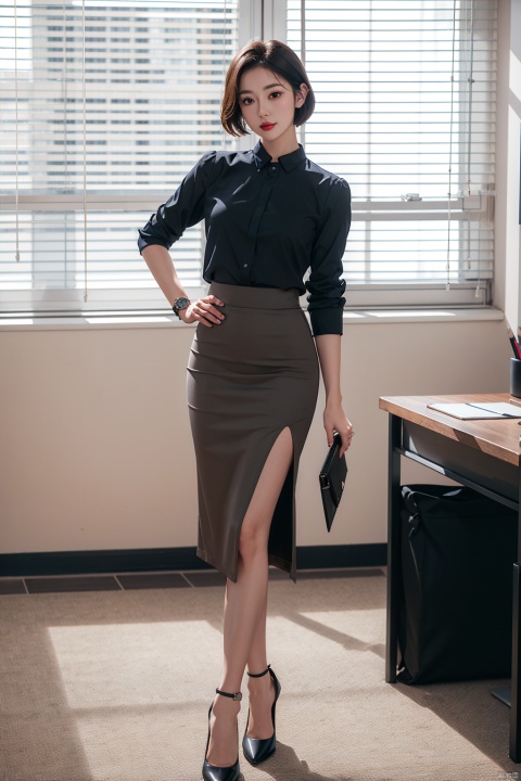 1girl, solo, looking at viewer, short hair, skirt, black hair, standing, full body, indoors, black footwear, high heels, window, chair, own hands together, pencil skirt, watch, realistic, wristwatch, office lady, blinds, office