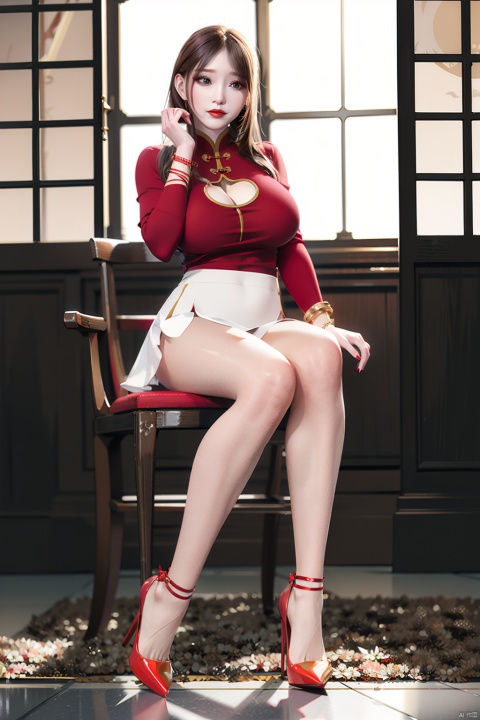 1girl, huge breasts, solo, long hair, skirt, brown hair, shirt, long sleeves, jewelry, sitting, full body, pants, indoors, high heels, bracelet, clothing cutout, chair, red shirt,  white pants, red lips, shoulder cutout, ,中国龙,机甲,高达, realistic