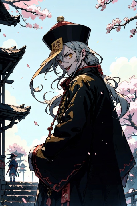  absurdres,absurdres,realistic,full_shot, JiangShi_Hopping Vampire, JiangShi, ferocious_Ghost,

masterpiece, best quality, 1girl, yellow eyes, Beautiful face, delicate eyes, smile, long hair, white hair, tree, stairs, standing, sky, cherry blossoms, temple, looking at viewer, upper body, from below, looking back, ((Mecha)), young girl, Cyberpunk, CyberMechaGirl