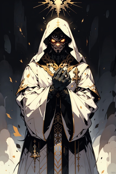  solo, gloves, long sleeves, 1boy, jewelry, standing, male focus, cowboy shot, black gloves, hood, mask, halo, helmet, own hands together, black background, veil, facing viewer, hood up, robe, gold,absurdres,realistic,(full_shot:1.8), solo, ferocious_Ghost, , Giant God Fear, Occupation_Therapists