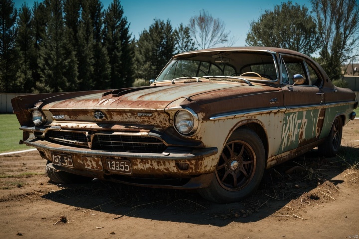  car,light,[motor vehicle],[ground vehicle], sports car, , vehicle focus, ((around the world)),Random front direction, cinematic feel,outdoor track,field,,Properly structured, vehicle_sqc, rusted, Rusty vehicles