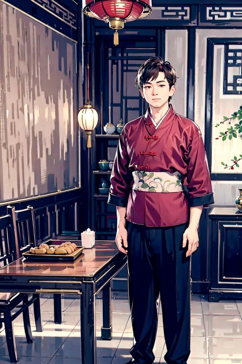  absurdres,incredibly absurdres,reality,realistic,,(solo:1.2),(1boy:1.2),full_shot, Ancient costume_dxer,Wooden table, wooden chairs, lobby, plates, food,Chinese style,Standing, holding, Ancient China_Indoor scenes,