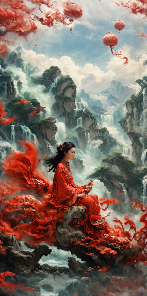  ((((Dream Background)))).
Floating in the air, forests, palaces,jianjue,wanjianguizong,16k,masterpiece,textured skin,multiple swords,embellished costume,Award winning photos, extremely detailed, stunning, intricate details, absurd, highly detailed woman, extremely detailed eyes and face, dazzling red eyes, detailed clothing,ultra long sleeves,dingxianghua,QMSJ,candy-coated,in the style of saturated pigment, Dragon pattern