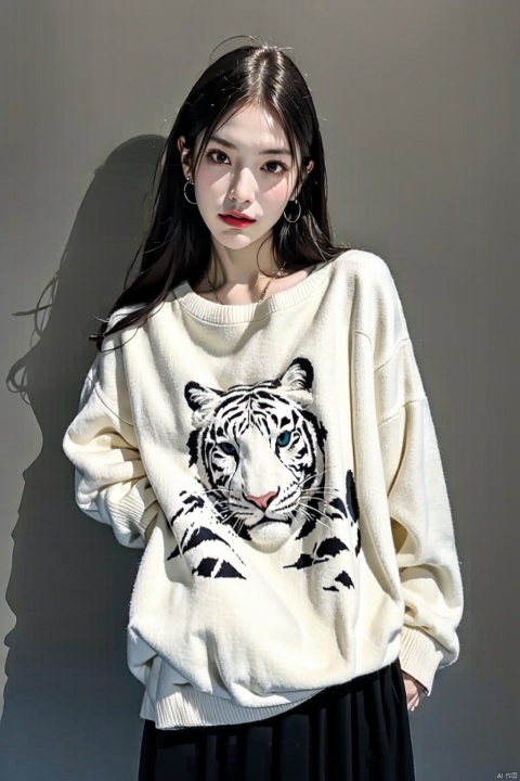  absurdres,incredibly absurdres,reality,realistic,,solo, , Animal pattern sweater, , White Tige